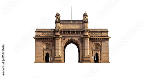 Gateway of India monument with arched entrance and towers, isolated on white or transparent background. PNG