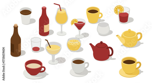 Isometric beverage collection: coffee, tea, and cocktails in flat design