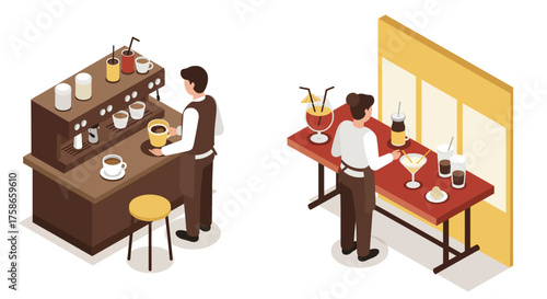 Isometric cafe barista making coffee and cocktails in retro setting
