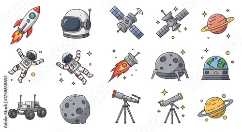 Colorful space adventure icons including astronauts, rockets, and planets