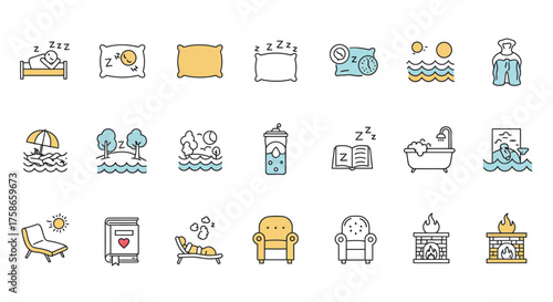 Cozy relaxation icons set featuring sleep and rest symbols in line art style