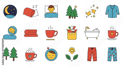Cozy sleep and relaxation icons in modern flat design for nighttime comfort t…