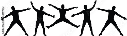 Jumping jack exercise silhouette sequence, five-stage fitness movement vector, aerobic warm-up demonstration, jumping jack positions for workout instruction home training routine