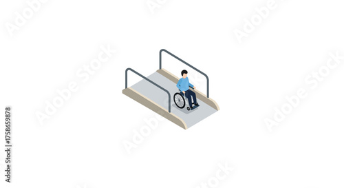 Isometric accessible ramp with wheelchair user on white background