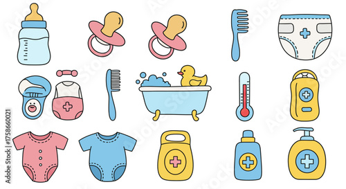Cute baby essentials collection with outlined icons in pastel colors