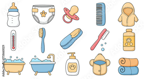 Cute baby essentials: cartoon icons of bath and care items for newborns and i…