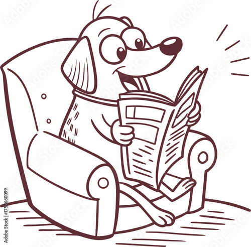 Dog reading newspaper in armchair, cartoon style, relaxed, at home, information