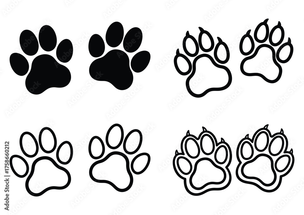 Fototapeta premium Minimalist Black Outline Vector Paw Prints Icon Set for Pet Care and Animal Logos