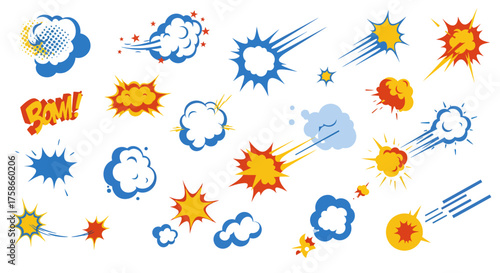 Dynamic comic book explosions and clouds splash in blue yellow red