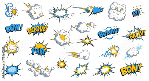 Comic style explosive clouds and text elements in bold colors
