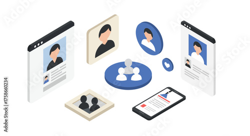 Isometric social media profile and connection concept with user avatars