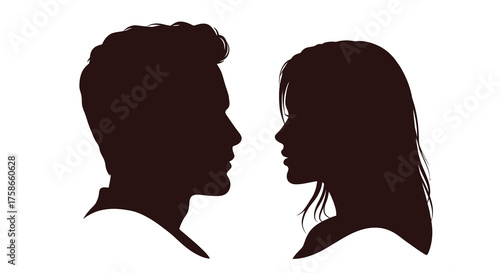 Romantic couple silhouette facing each other on white background