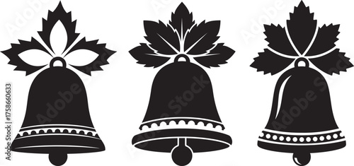 Three decorative christmas bells with foliage silhouette