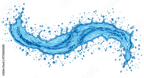 Dynamic splash of blue water with droplets in a fluid artistic flow