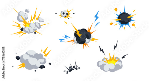 Dynamic explosions and smoke burst collection with thunderbolts in flat art s…
