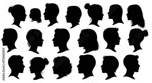 Silhouette profile collection: diverse male and female heads in bold black de…
