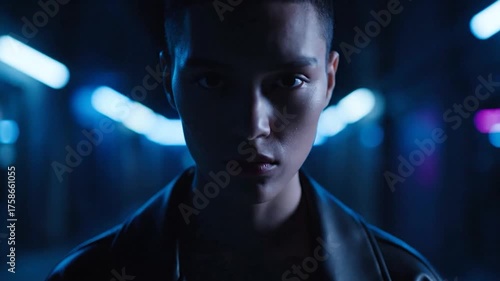 Mysterious person in neon-lit urban night setting.