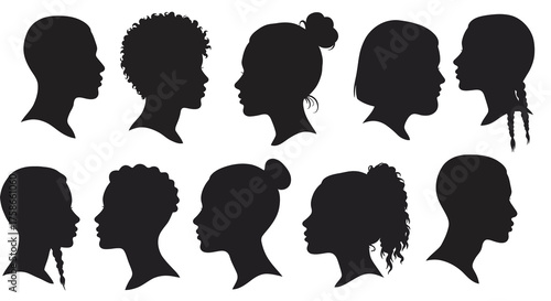 Silhouette profiles of diverse hairstyles for women featuring various hair te…