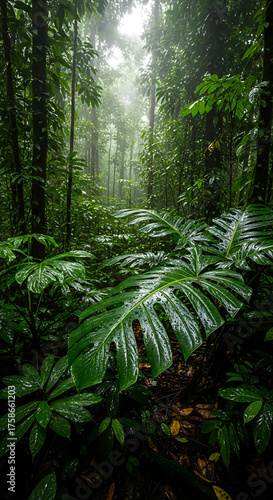 Vibrant Wet Rainforest with Large Leaves and Atmospheric Mist
