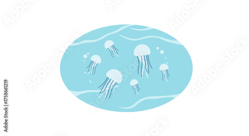 Minimalist jellyfish design in soft blue oval ocean scene
