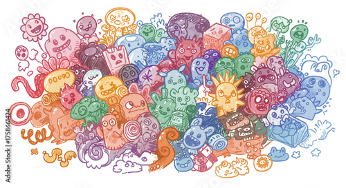 Colorful whimsical doodle monsters in a playful sketch style with vibrant rai…