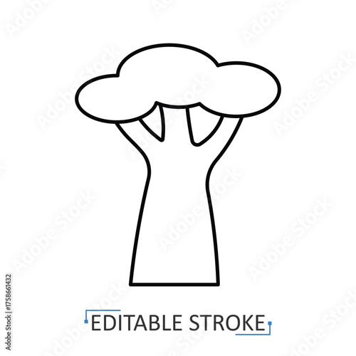 A baobab tree icon in a minimalist line style with editable stroke. African safari nature, savanna plant, ancient tropical wood, exotic travel symbol, wildlife landscape element.
