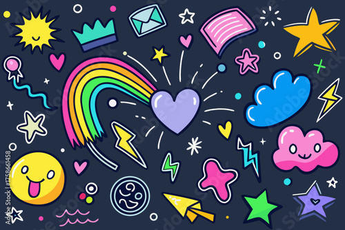 Vibrant doodle collection of cute and whimsical elements