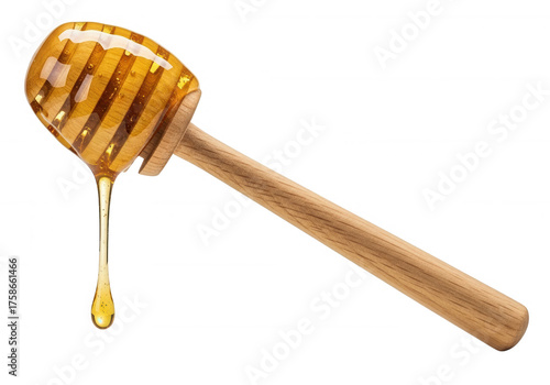 Golden honey dripping from wooden dipper amber isolated on a transparent background