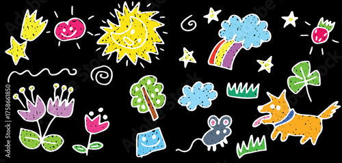 Kid sketch cute baby doodle summer element set. Cloud with rainbow, grass, mouse, dog, toy cartoon elements. Colored drawn with white curved lines in grunge style. Brightly drawing. Black background