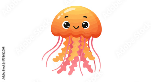 Cute cartoon jellyfish with smiling face and colorful tentacles