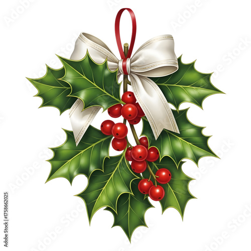 Festive holly sprig with white ribbon and red berries christmas decoration