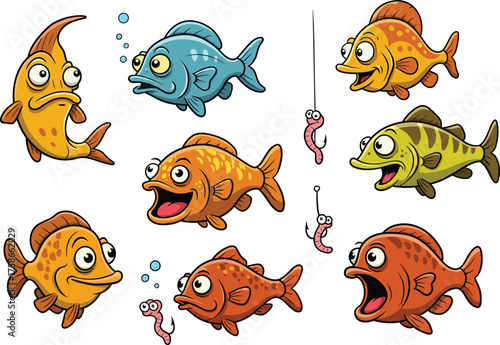 Cartoon fish and worm character set, playful aquatic illustrations, fishing bait clipart, kids vector design, whimsical ocean icons, stylized underwater graphics