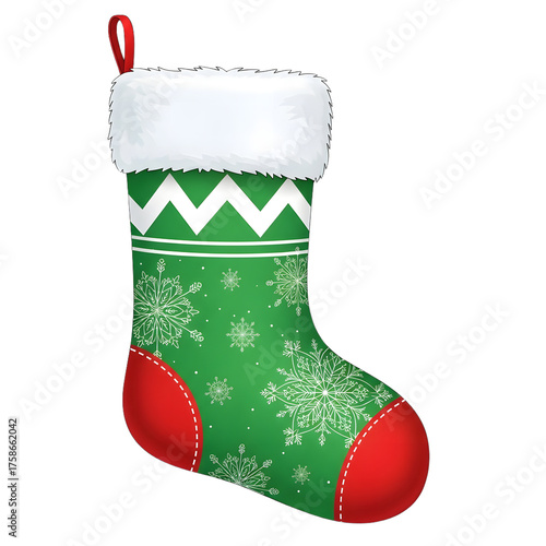 Festive green christmas stocking with red accents and snowflake pattern holiday decoration