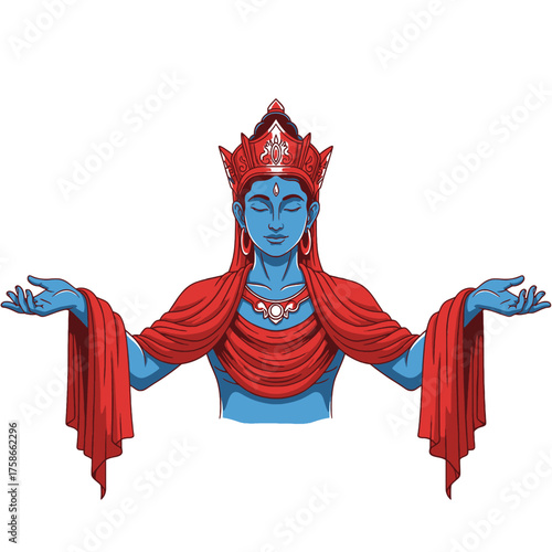 Illustration of a blue-skinned deity with red robes and crown, arms outstretched in a welcoming gesture.