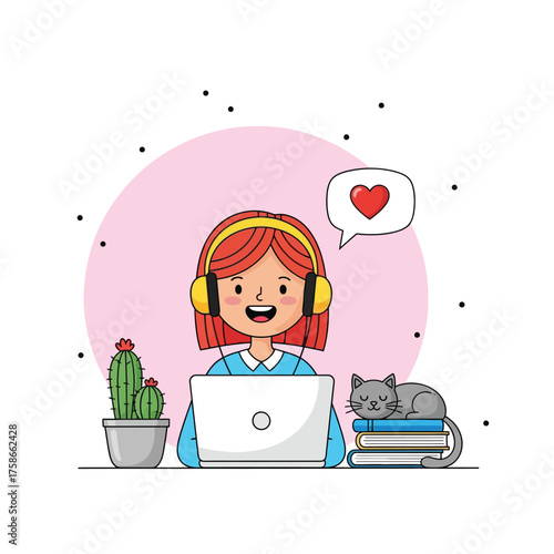 Cute girl working on laptop with headphones, surrounded by heart and cactus, adorable cartoon freelancer concept vector