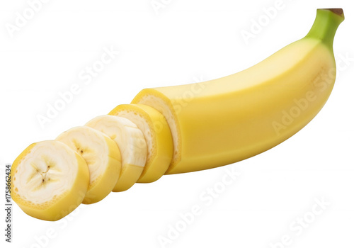 Sliced yellow banana on black fruit food isolated on a transparent background