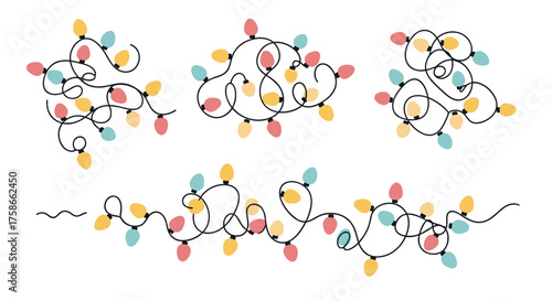 A collection of colorful festive lights arranged in decorative patterns for holiday celebrations.