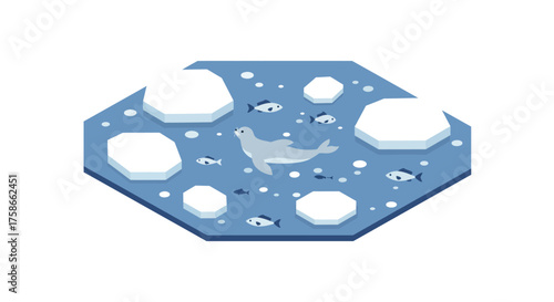 Isometric arctic scene with seal and fish among icebergs in blue ocean