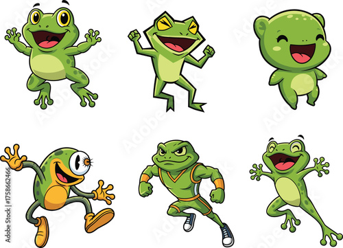 Cartoon frog character set, cute amphibian illustrations, playful animal clipart, kids vector design, whimsical jumping icons, stylized nature graphics