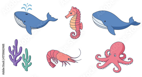 Colorful marine creatures: whale, seahorse, octopus, and coral set