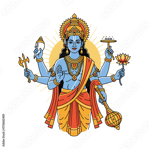 A stylized illustration of a blue-skinned Hindu deity, displaying multiple arms and holding various symbolic objects.