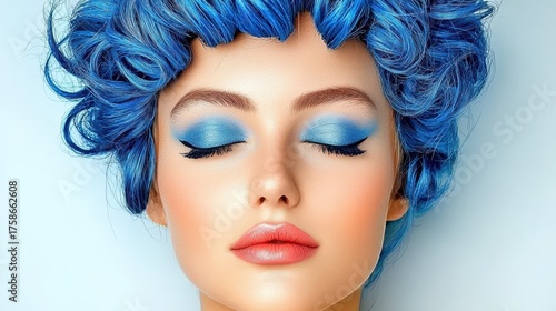 Serene Woman with Vibrant Blue Hair and Makeup, Eyes Closed, Soft