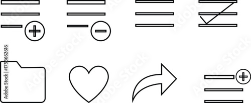 Playlist Icon set , Music Player Interface, Audio Tracks, Sound Control, Headphones, Song List, Streaming Media, DJ Mix, Entertainment, and Digital Music Symbols in Modern Vector Styles, used for web