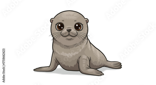 Cute cartoon baby seal with big eyes on white background
