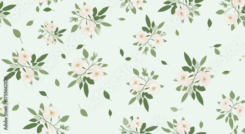 A delicate pattern of light cream roses with green leaves scattered across a soft mint green background.