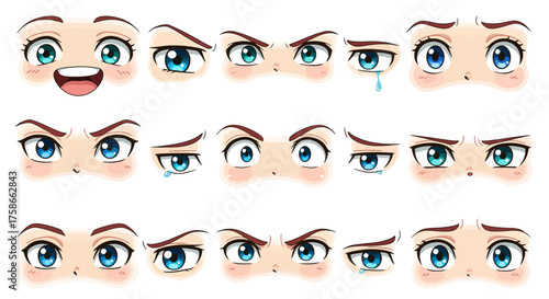 Cute anime eyes collection with various emotional expressions in cartoon style