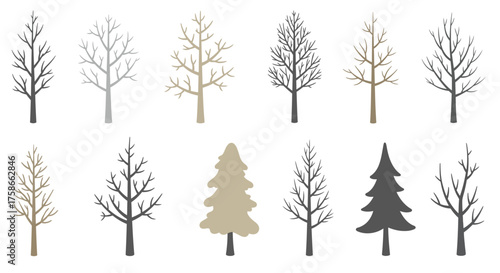 Collection of minimalist winter trees silhouettes for seasonal designs