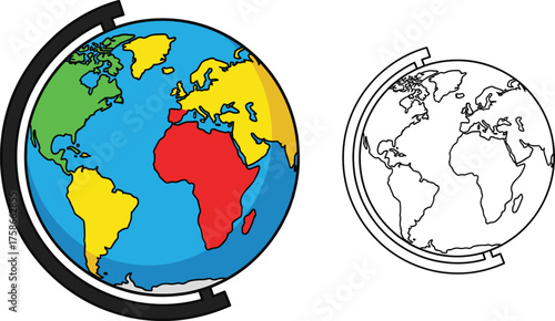 Cartoon globe illustration set, colored and outline versions with continents and oceans, classroom geography theme, vector clipart, educational design asset
