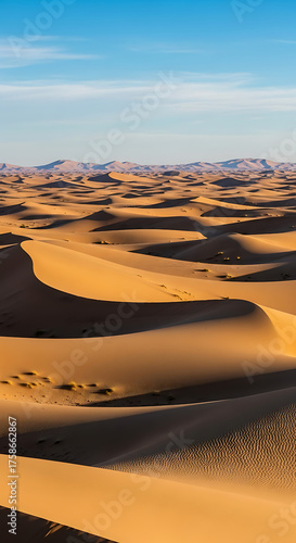 Golden Sand Dunes Under Blue Sky in a Vast Desert Landscape at Sunrise