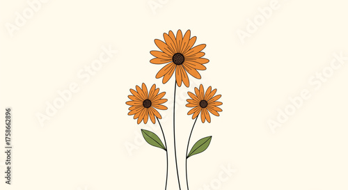 A cluster of three beautiful bright orange flowers with dark centers and green leaves on thin stems.